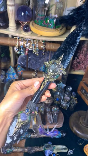 Obsidian Spirit Guide Dagger | Handcrafted Ritual Tool with Labradorite & Spiritual Symbols Buddha padmasana
