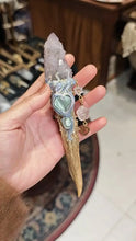 Load image into Gallery viewer, Elven Crystal Antler Wand | Handcrafted Magick Tool with Amethyst Cluster &amp; Spiritual Charms Buddha padmasana