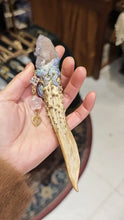 Load image into Gallery viewer, Elven Crystal Antler Wand | Handcrafted Magick Tool with Amethyst Cluster &amp; Spiritual Charms Buddha padmasana