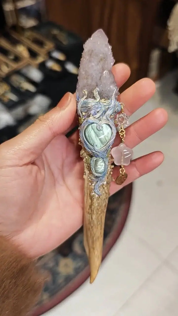 Elven Crystal Antler Wand | Handcrafted Magick Tool with Amethyst Cluster & Spiritual Charms Buddha padmasana