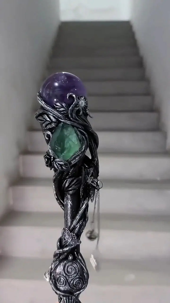 「Sun & Moon Harmony」Metaphysical Energy Wand | Handcrafted Crystal Ritual Staff Buddha padmasana