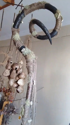 Giant Autumn Harvest Ritual Staff | 5.6–6ft Tall (As Tall as an Adult!), Nature-Infused Magick Tool with Dried Fruits & Curled Horns Buddha padmasana