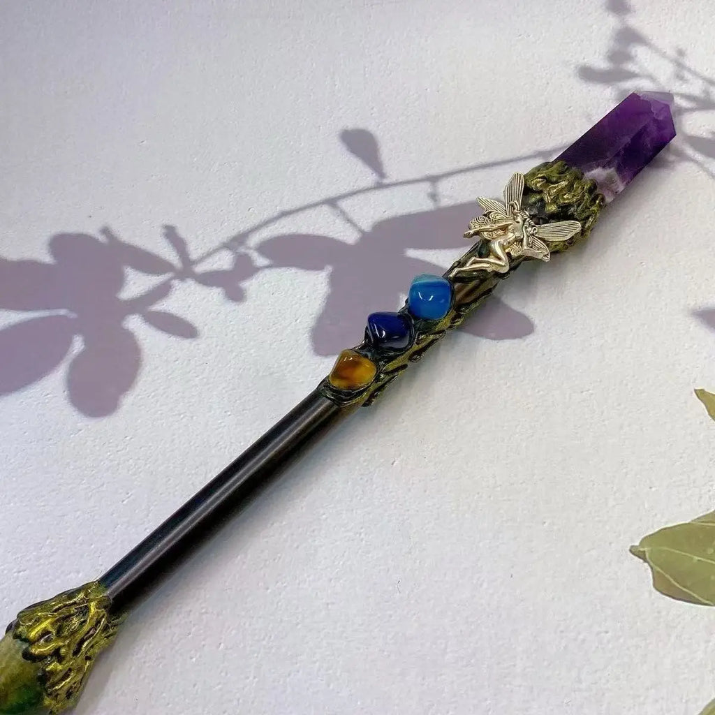 15" Crystal Magic Wand, Handmade Custom Harry Wands, Natural Crystal Quartz Magic Scepter, Witch Wand, Wizard Staff, Crystal Gifts for Kids Buddha padmasana