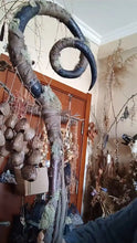 Load image into Gallery viewer, Giant Autumn Harvest Ritual Staff | 5.6–6ft Tall (As Tall as an Adult!), Nature-Infused Magick Tool with Dried Fruits &amp; Curled Horns Buddha padmasana