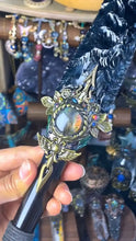 Load image into Gallery viewer, Obsidian Spirit Guide Dagger | Handcrafted Ritual Tool with Labradorite &amp; Spiritual Symbols Buddha padmasana