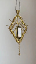 Load image into Gallery viewer, Gold-Toned Wire Wrapped Smoky Quartz Crystal Pendant | Vintage Brass Wire Wrapped Clear Crystal Pendant |Artisan Boho Spiritual Jewelry Buddha padmasana