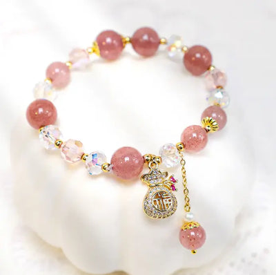 Love Healing Natural Strawberry Quartz Crystal Money Bag Charm Positive Bracelet Buddha padmasana