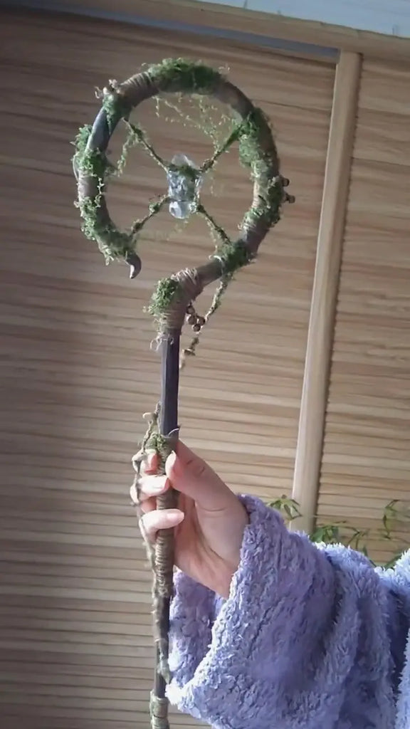 Green Wheel Staff crystal wand Buddha padmasana