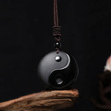 Luck2025 Buddha Padmasana Black Obsidian Taoism Five Sacred Mountains Nine-Character Mantra Carved Purification Yin Yang Necklace Pendant