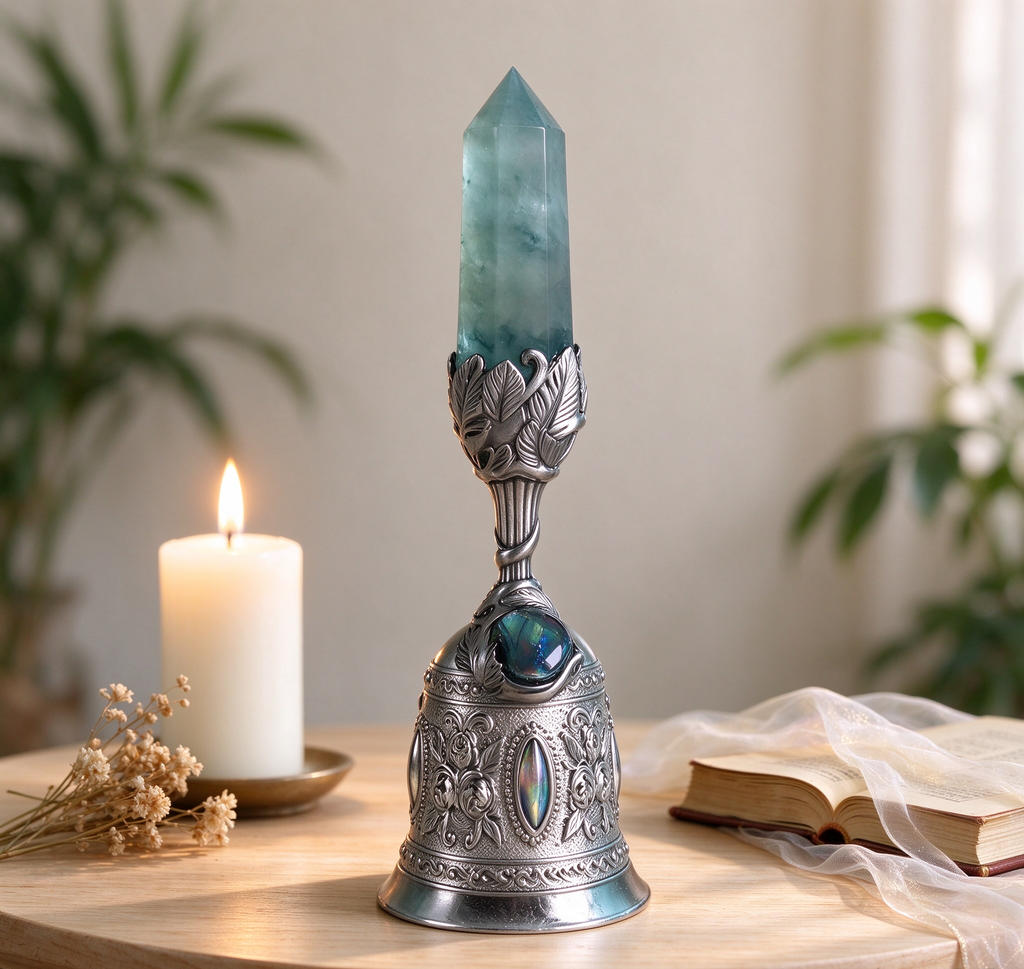 Crystal bell chime with fluorite crystal placed on a wooden meditation table beside a lit white candle, dried flowers, folded scripture and sheer fabric, soft natural light and greenery – calming meditation and healing décor