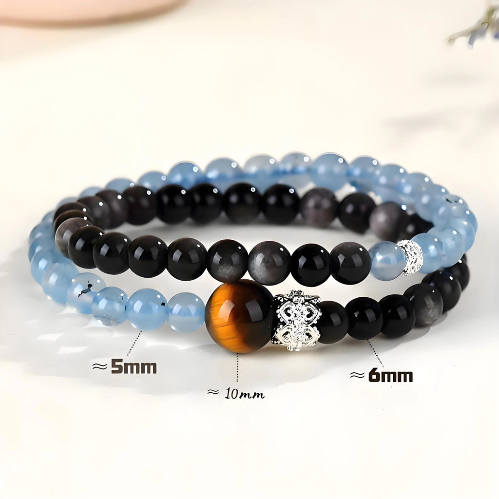 Buddha Padmasana Aquamarine, Silver Sheen Obsidian, and Tiger's Eye Double Strand Bracelet Buddha padmasana