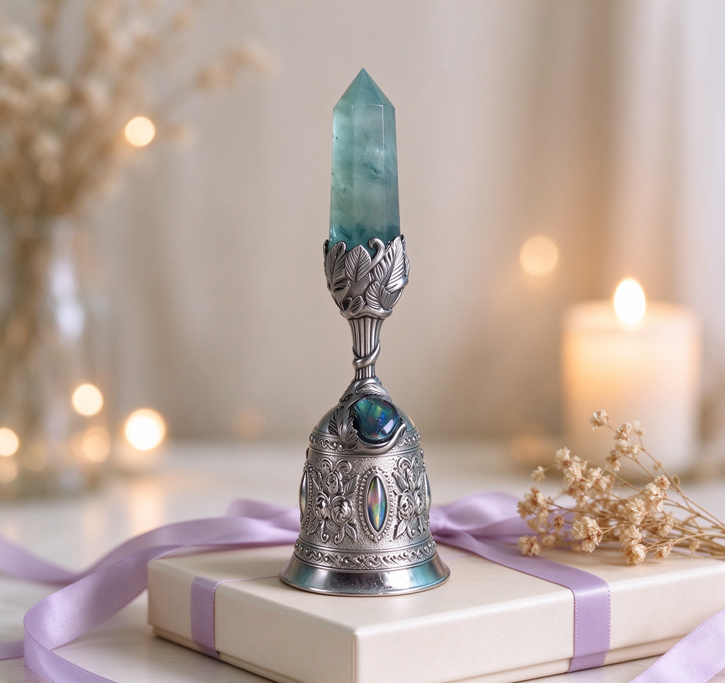 Crystal fluorite bell ornament resting on a gift box tied with soft lavender ribbon, dried flowers and warm bokeh lights in the background – elegant present for crystal and mindfulness lovers