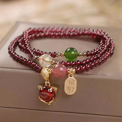 Buddha Padmasana Natural Garnet Strawberry Quartz Crystal Fox Koi Fish Peace Buckle Fortune Protection Triple Wrap Bracelet - Buddha padmasana