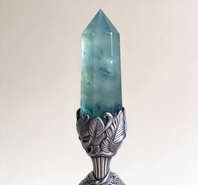Close-up of natural fluorite crystal column with faceted translucent surfaces and cloud-like inclusions, set in a carved silver filigree bell holder with floral leaf details – showcasing handcrafted artisan quality