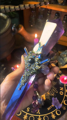 Natural Magic Wand, Handmade Witchcraft, Fairy Stick, Crystal Energy, Healing, Magic Ritual, Clear Quartz, Obsidian, Amethyst, Lemuria quart Buddha padmasana