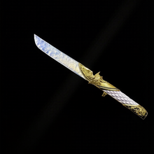 Cargar imagen en el visor de la galería, Close-up macro shot of the ornate golden wing crossguard and textured opal blade, showcasing the divine craftsmanship and luminescent finish.