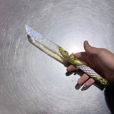 Full view of the 13.8 inch (35 cm) Dark Star Angel Dagger held in hand, demonstrating its substantial scale and lightweight feel as a collector's artisan prop