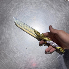 Cargar imagen en el visor de la galería, Dark Star: Angel Edition Dagger - Premium hand-forged replica with iridescent opal-inspired blade and solid gold metal hilt, isolated on pure black background.