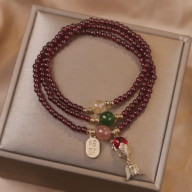 Buddha Padmasana Natural Garnet Strawberry Quartz Crystal Fox Koi Fish Peace Buckle Fortune Protection Triple Wrap Bracelet - Buddha padmasana