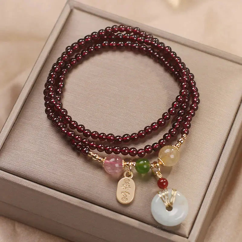 Buddha Padmasana Natural Garnet Strawberry Quartz Crystal Fox Koi Fish Peace Buckle Fortune Protection Triple Wrap Bracelet - Buddha padmasana