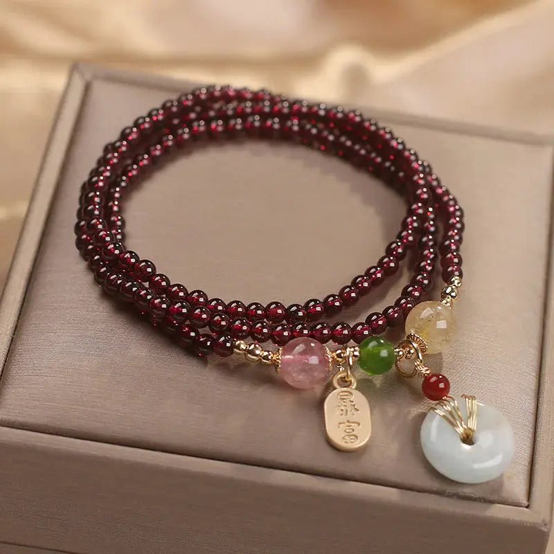 Buddha Padmasana Natural Garnet Strawberry Quartz Crystal Fox Koi Fish Peace Buckle Fortune Protection Triple Wrap Bracelet - Buddha padmasana