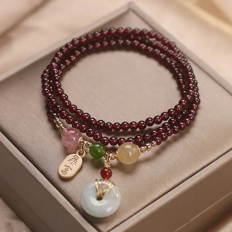 Buddha Padmasana Natural Garnet Strawberry Quartz Crystal Fox Koi Fish Peace Buckle Fortune Protection Triple Wrap Bracelet - Buddha padmasana