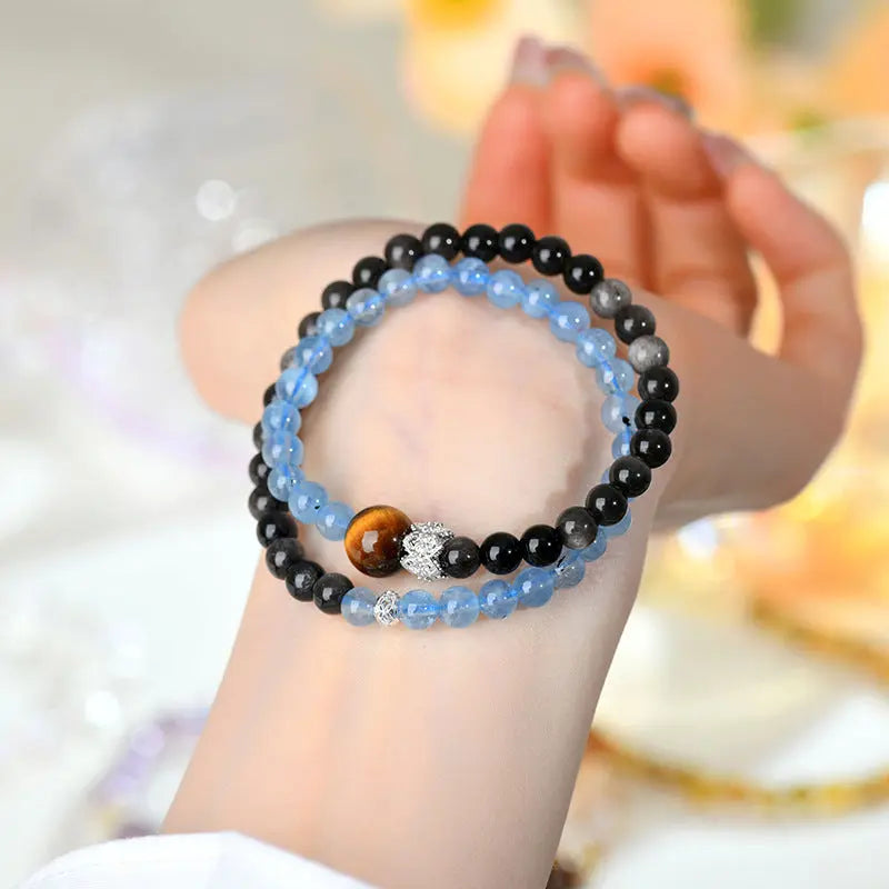 Buddha Padmasana Aquamarine, Silver Sheen Obsidian, and Tiger's Eye Double Strand Bracelet Buddha padmasana