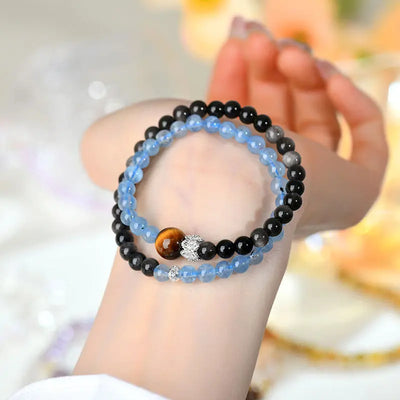 Buddha Padmasana Aquamarine, Silver Sheen Obsidian, and Tiger's Eye Double Strand Bracelet Buddha padmasana