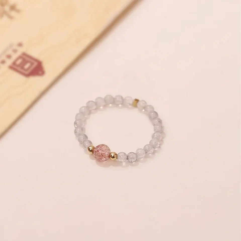 Buddha Padmasana Gray Moonstone and Strawberry Quartz Ring Buddha padmasana