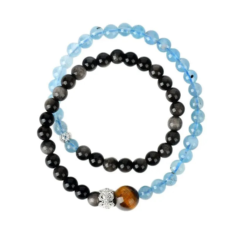 Buddha Padmasana Aquamarine, Silver Sheen Obsidian, and Tiger's Eye Double Strand Bracelet Buddha padmasana