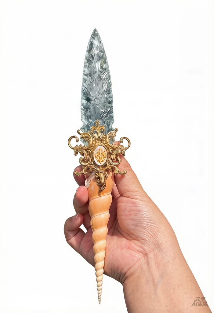 Hand-forged Ocean Tide Witch Dagger displayed against a clean white background, showcasing a clear quartz blade and a fossilized ammonite handle.