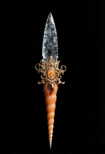 Charger l'image dans la galerie, Elegant side profile of the Ocean Tide Athame dagger on a black background, highlighting the spiral glass handle and bronze embellishments