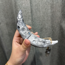 Cargar imagen en el visor de la galería, Handcrafted Crescent Moon Witchblade Pendant in Silver. Features realistic lunar crater texture, embedded Labradorite &amp; Moonstone, and a Quartz charm. Durable, waterproof statement jewelry for Wiccan rituals.