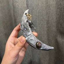 Cargar imagen en el visor de la galería, Silver Crescent Moon Witchblade with Gemstones. Original handmade design with 3D moon texture and crystal embellishments. Perfect for spiritual practices.
