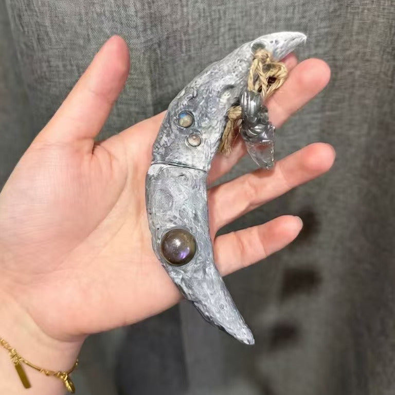 Customizable Moon Witchblade Prop. Choose your own gemstones and colors. High-durability resin with waterproof finish. Exclusive replica design for Wiccan and pagan aesthetics.