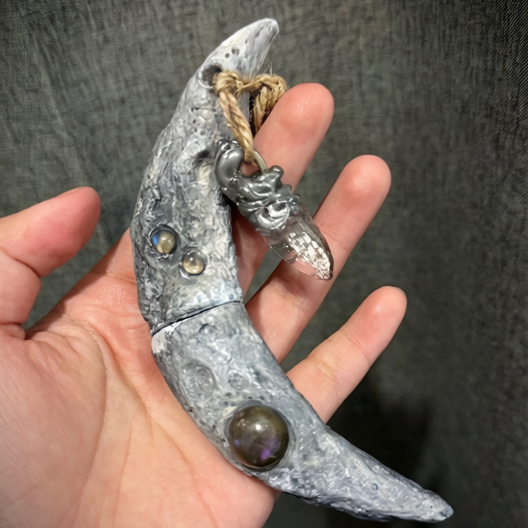 Silver Crescent Moon Witchblade with Gemstones. Original handmade design with 3D moon texture and crystal embellishments. Perfect for spiritual practices.