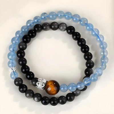 Buddha Padmasana Aquamarine, Silver Sheen Obsidian, and Tiger's Eye Double Strand Bracelet Buddha padmasana