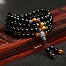 Cargar imagen en el visor de la galería, Buddha Padmasana Black Obsidian Tiger Eye Blessing Mala Bracelet Buddha padmasana