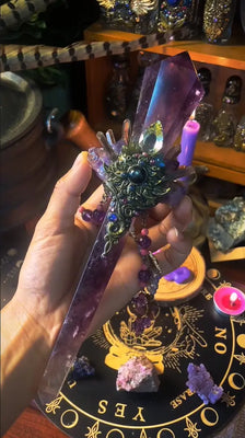 Natural Magic Wand, Handmade Witchcraft, Fairy Stick, Crystal Energy, Healing, Magic Ritual, Clear Quartz, Obsidian, Amethyst, Lemuria quart Buddha padmasana
